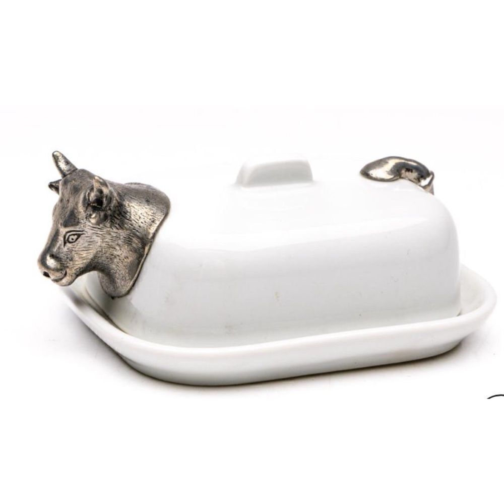 Pillivuyt France Porcelain Butter Dish With Silver Cow / Néw